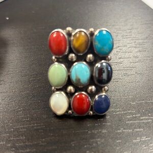 Beautiful 9 Stone Sterling Silver Statement Ring -  Cabochons,  turquoise